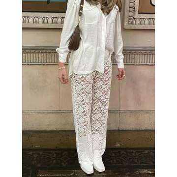 Jianono Women Sexy Sheer Mesh Lace Pants See Through Floral Lace Slim Hollow Out Party Club Clubwear Trouser White S