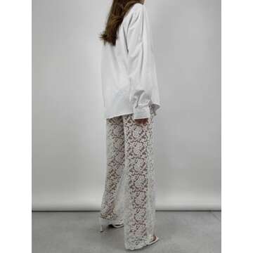 Jianono Women Sexy Sheer Mesh Lace Pants See Through Floral Lace Slim Hollow Out Party Club Clubwear Trouser White S