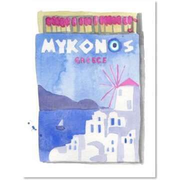 FURBISH Mykonos Matchbook Wall Art - Vibrant Greece Poster for Modern Decor