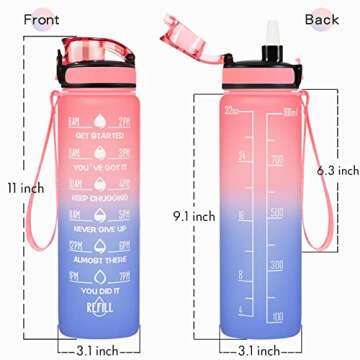 Enerbone 32 oz Water Bottle, Leakproof BPA & Toxic Free, Motivational Water Bottle with Times to Drink and Straw, Fitness Sports Water Bottle with Strap for Office, Gym, Outdoor Sports, Pink-Blue