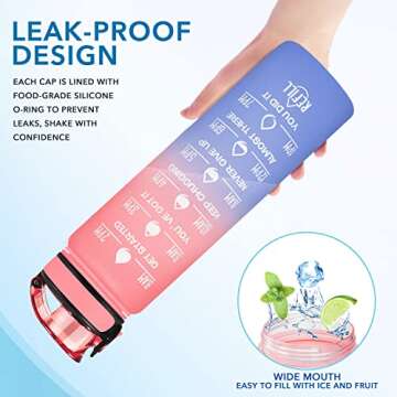 Enerbone 32 oz Water Bottle, Leakproof BPA & Toxic Free, Motivational Water Bottle with Times to Drink and Straw, Fitness Sports Water Bottle with Strap for Office, Gym, Outdoor Sports, Pink-Blue