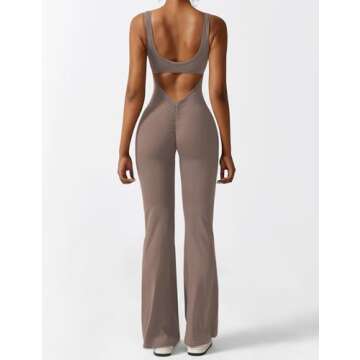 YEOREO Women Workout Flare Jumpsuits Sleeveless Backless Scrunch Butt V Back Gym Yoga Jumpsuit Dark Brown S
