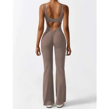 YEOREO Women Workout Flare Jumpsuits Sleeveless Backless Scrunch Butt V Back Gym Yoga Jumpsuit Dark Brown S