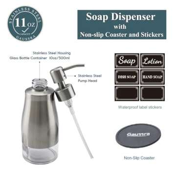 Gaussra Soap Dispenser with Coaster and Stickers, Brushed Nickel Stainless Steel Case Glass Liner Hand Pump Dispenser, Refillable Liquid Hand Soap Dispenser for Bathroom & Kitchen (11OZ / 320ML)