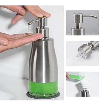Gaussra Soap Dispenser with Coaster and Stickers, Brushed Nickel Stainless Steel Case Glass Liner Hand Pump Dispenser, Refillable Liquid Hand Soap Dispenser for Bathroom & Kitchen (11OZ / 320ML)