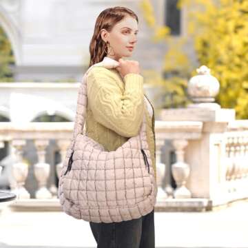 KBTYE Puffer Tote Bag for Women Large Quilted Crossbody Handbags Lightweight Shoulder Hobo bag Soft Puffy Bag Carryall（Khaki）