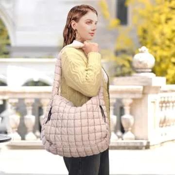KBTYE Puffer Tote Bag for Women Large Quilted Crossbody Handbags Lightweight Shoulder Hobo bag Soft Puffy Bag Carryall（Khaki）