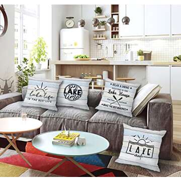 MIXDING Lake Life is The Best Life Lake Mode Throw Pillow Cover Pillowcase 18x18 Inch (Set of 4) Decor, Summer Lake House Adventure Farmhouse Porch Sofa Bed Home Decoration