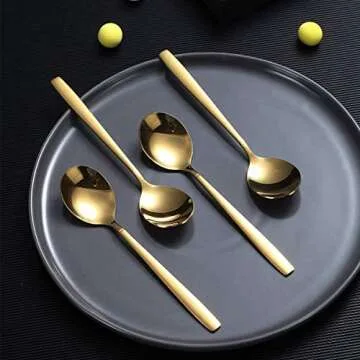 Berglander Gold Teaspoons 6.3" Set of 4, Stainless Steel Titanium Shiny Gold Plating Tea Spoons Silv...
