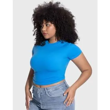 PUMIEY Summer Tops for Women Slim Fit Short Sleeve T Shirts Sexy Y2K Crop Top, Pool Medium