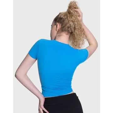 PUMIEY Summer Tops for Women Slim Fit Short Sleeve T Shirts Sexy Y2K Crop Top, Pool Medium