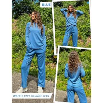 Ekouaer Waffle Knit Pajamas for Women Set Long Sleeve Pants Pj Henley Tops Lounge Sets Comfy Sleepwe...