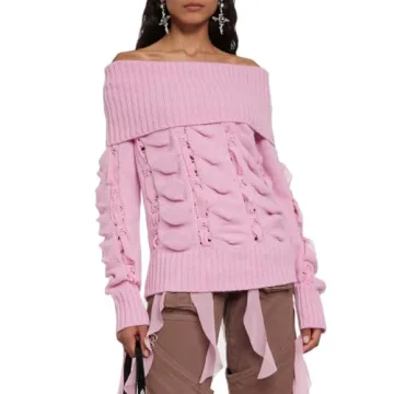 Women Off The Shoulder Sweater Y2K Long Sleeve Tassel Knit Top Shirt Loose Fit Pullover Sweater Goin...