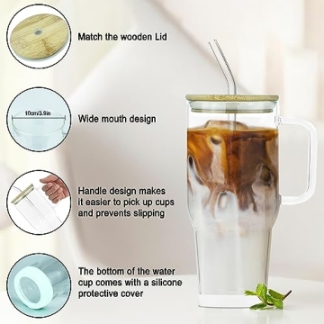 AiHeart 32oz Glass Tumbler with Straw and Bamboo Lid