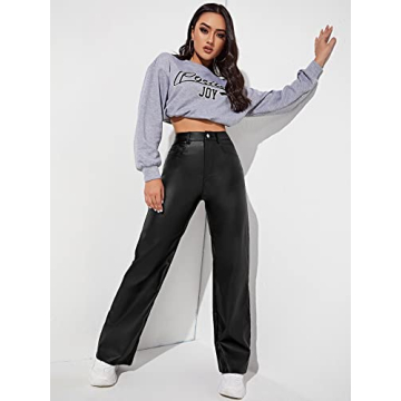 Stylish MakeMeChic High Waist Faux Leather Straight Leg Jeans