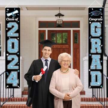 KMUYSL Graduation Decorations Class of 2024, Blue & Blue Congrats Grad Banner Hanging Flags Porch Sign, 2024 Graduation Decorations Party Supplies for Any School Indoor/Outdoor Decor