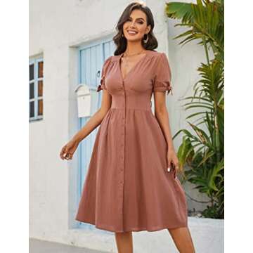 Zexxxy Women's Summer Dress V Neck Button Down Skater Dress Casual Midi Dresses with Pockets Maroon S
