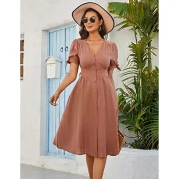 Zexxxy Women's Summer Dress V Neck Button Down Skater Dress Casual Midi Dresses with Pockets Maroon S