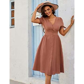 Zexxxy Women's Summer Dress V Neck Button Down Skater Dress Casual Midi Dresses with Pockets Maroon S