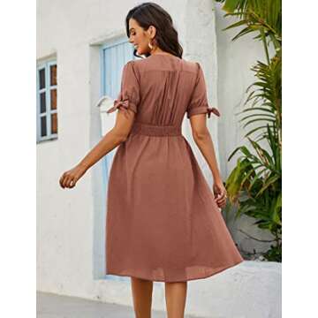 Zexxxy Women's Summer Dress V Neck Button Down Skater Dress Casual Midi Dresses with Pockets Maroon S