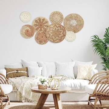 Xuhal Set of 8 Hanging Woven Wall Baskets Handmade Rustic Boho Decor Handcrafted Wicker Round Seagra...