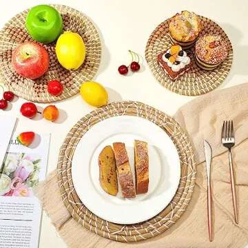 Xuhal Set of 8 Hanging Woven Wall Baskets Handmade Rustic Boho Decor Handcrafted Wicker Round Seagrass Basket Wall Art for Home Kitchen Farmhouse Table Living Room(Classic)