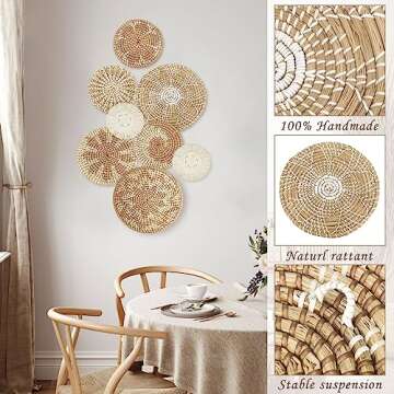 Xuhal Set of 8 Hanging Woven Wall Baskets Handmade Rustic Boho Decor Handcrafted Wicker Round Seagrass Basket Wall Art for Home Kitchen Farmhouse Table Living Room(Classic)