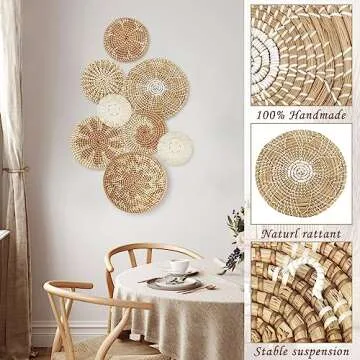 Xuhal Set of 8 Hanging Woven Wall Baskets Handmade Rustic Boho Decor Handcrafted Wicker Round Seagrass Basket Wall Art for Home Kitchen Farmhouse Table Living Room(Classic)