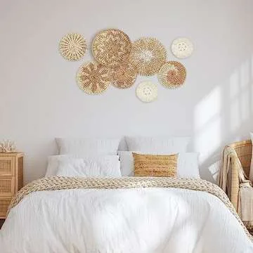 Xuhal Set of 8 Hanging Woven Wall Baskets Handmade Rustic Boho Decor Handcrafted Wicker Round Seagrass Basket Wall Art for Home Kitchen Farmhouse Table Living Room(Classic)