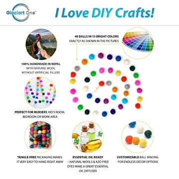 Glaciart One Pom Pom Garland (2 Pcs) - Wool Felt Ball Garland - 12 Feet, 40 Balls, 13 Rainbow Colors...