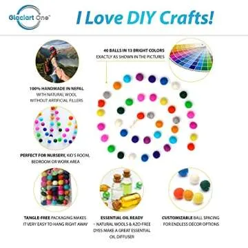 Glaciart One Pom Pom Garland (2 Pcs) - Wool Felt Ball Garland - 12 Feet, 40 Balls, 13 Rainbow Colors...