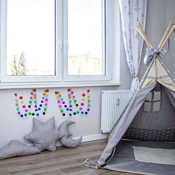 Glaciart One Pom Pom Garland (2 Pcs) - Wool Felt Ball Garland - 12 Feet, 40 Balls, 13 Rainbow Colors, Pom Pom Decorations, Circus, Nursery Decor, Bunting, Birthday Party Decorations, Carnival