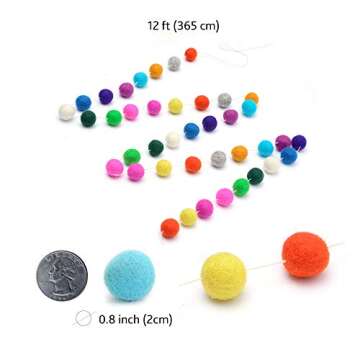 Glaciart One Pom Pom Garland (2 Pcs) - Wool Felt Ball Garland - 12 Feet, 40 Balls, 13 Rainbow Colors, Pom Pom Decorations, Circus, Nursery Decor, Bunting, Birthday Party Decorations, Carnival