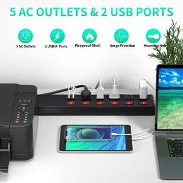 7-in-1 Power Strip with USB, Individual Switches, 6ft Cord