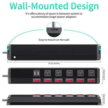 7-in-1 Power Strip with USB, Individual Switches, 6ft Cord