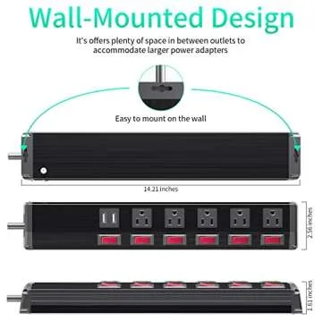 7-in-1 Power Strip with USB, Individual Switches, 6ft Cord