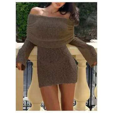 Floerns Women's Fold Off Shoulder Long Sleeve Rib Knit Pencil Sweater Dress Brown Medium