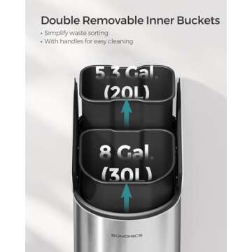 SONGMICS 13-Gallon Dual Kitchen Trash Can, 5.3 and 8 Gallon Compartments, Garbage Can with Wing Lids, Stainless Steel, Soft Close, Inner Buckets, Metallic Silver ULTB570E50