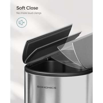 SONGMICS 13-Gallon Dual Kitchen Trash Can, 5.3 and 8 Gallon Compartments, Garbage Can with Wing Lids, Stainless Steel, Soft Close, Inner Buckets, Metallic Silver ULTB570E50