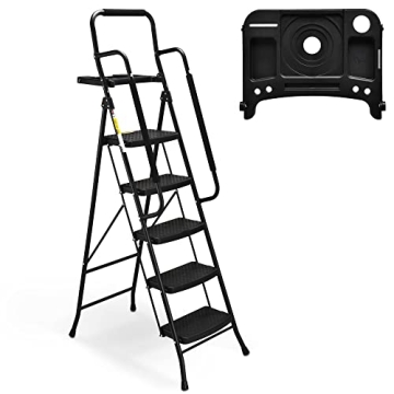 HBTower 5 Step Ladder - Lightweight, Sturdy Steel Step Stool with Safety Handrails
