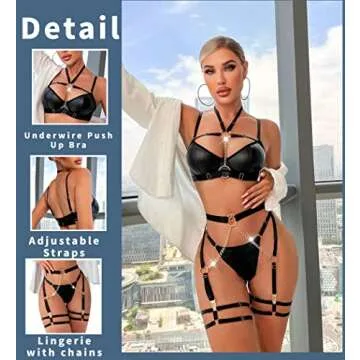 Avidlove Leather Lingerie Set for Women - 5 Piece Strappy Black