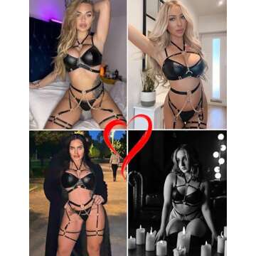 Avidlove Leather Lingerie Set for Women - 5 Piece Strappy Black