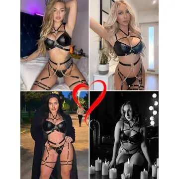 Avidlove Leather Lingerie Set for Women - 5 Piece Strappy Black
