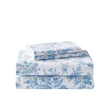Laura Ashley - King Sheet Set, Cotton Flannel Bedding, Brushed for Extra Softness & Comfort (Vanessa Blue, King)