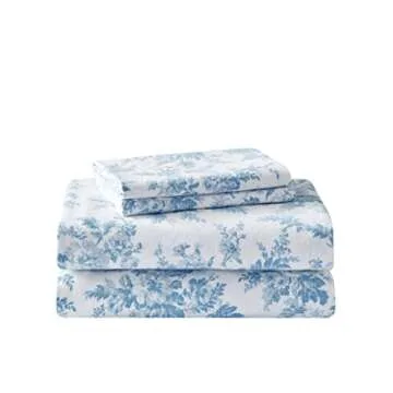 Laura Ashley - King Sheet Set, Cotton Flannel Bedding, Brushed for Extra Softness & Comfort (Vanessa Blue, King)