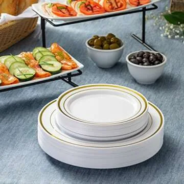 Gold Trim Plastic Plates Set Ideal for Events and Parties