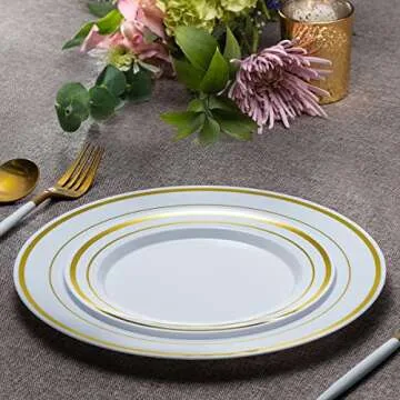 Gold Trim Plastic Plates Set Ideal for Events and Parties