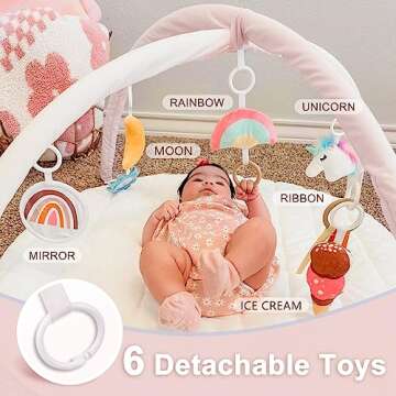 Baby Play Gym Mat for Sensory and Motor Skill Development, Baby Activity Gym Mat with 6 Toys for New...