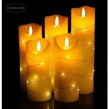 danip flameless Candle, with Embedded String Lights, 5-Piece LED Candles, with 10-Key Remote Control, 24-Hour Timer Function, Dancing Flame, Real Wax, Battery-Powered. (Ivory White)