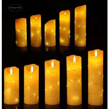 danip flameless Candle, with Embedded String Lights, 5-Piece LED Candles, with 10-Key Remote Control, 24-Hour Timer Function, Dancing Flame, Real Wax, Battery-Powered. (Ivory White)